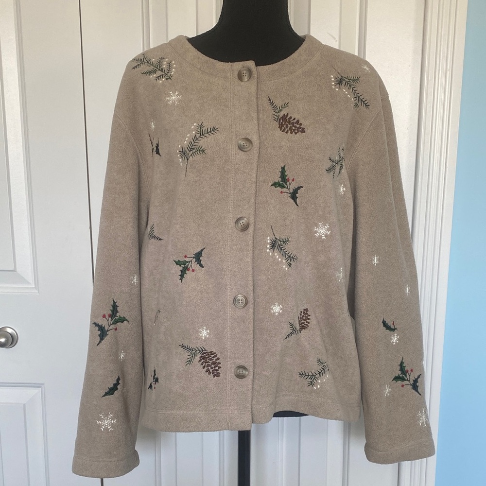 Talbots Medium Fleece Embroidered Holiday Christmas Button Up Cardigan